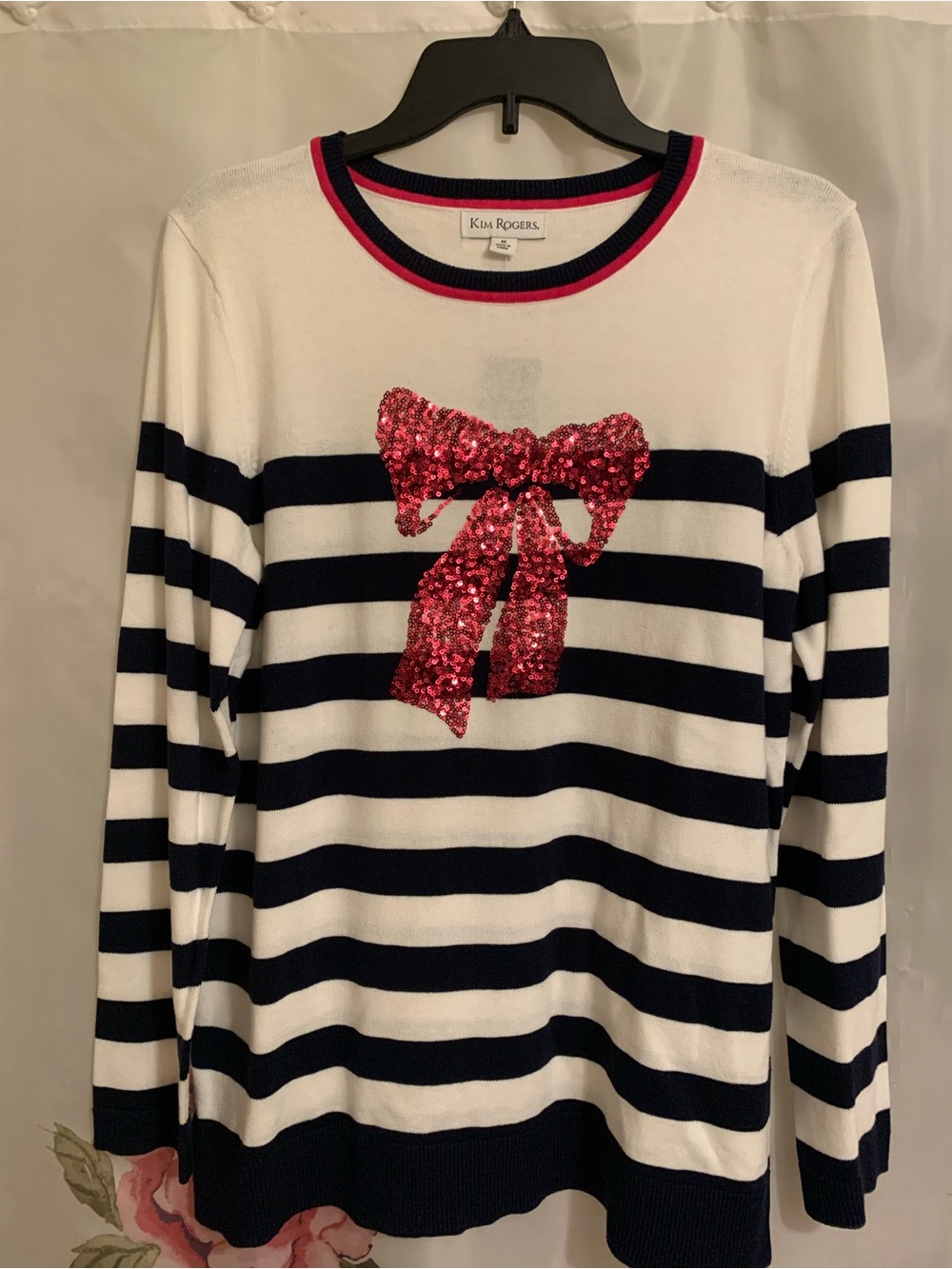 Kim Rogers White & Navy Striped Crew Sweater with Pink Sequin Bow